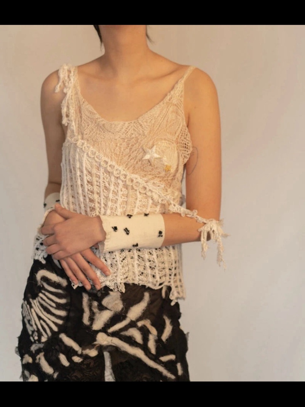 Sydney Pimbley Hand Knitted Star Top Cream Open Work Crochet Distressed Cami